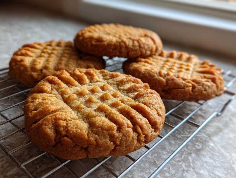 Close-up of several Easy Peanut Butter Cookies with classic crosshatch fork marks cooling on a wire rack.