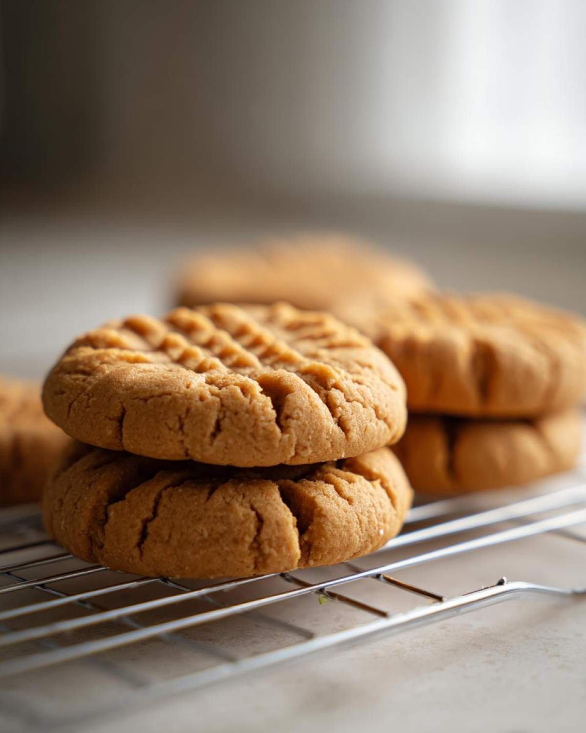 Close-up of two Easy Peanut Butter Cookies stacked on a wire cooling rack, showing classic crisscross fork marks.
