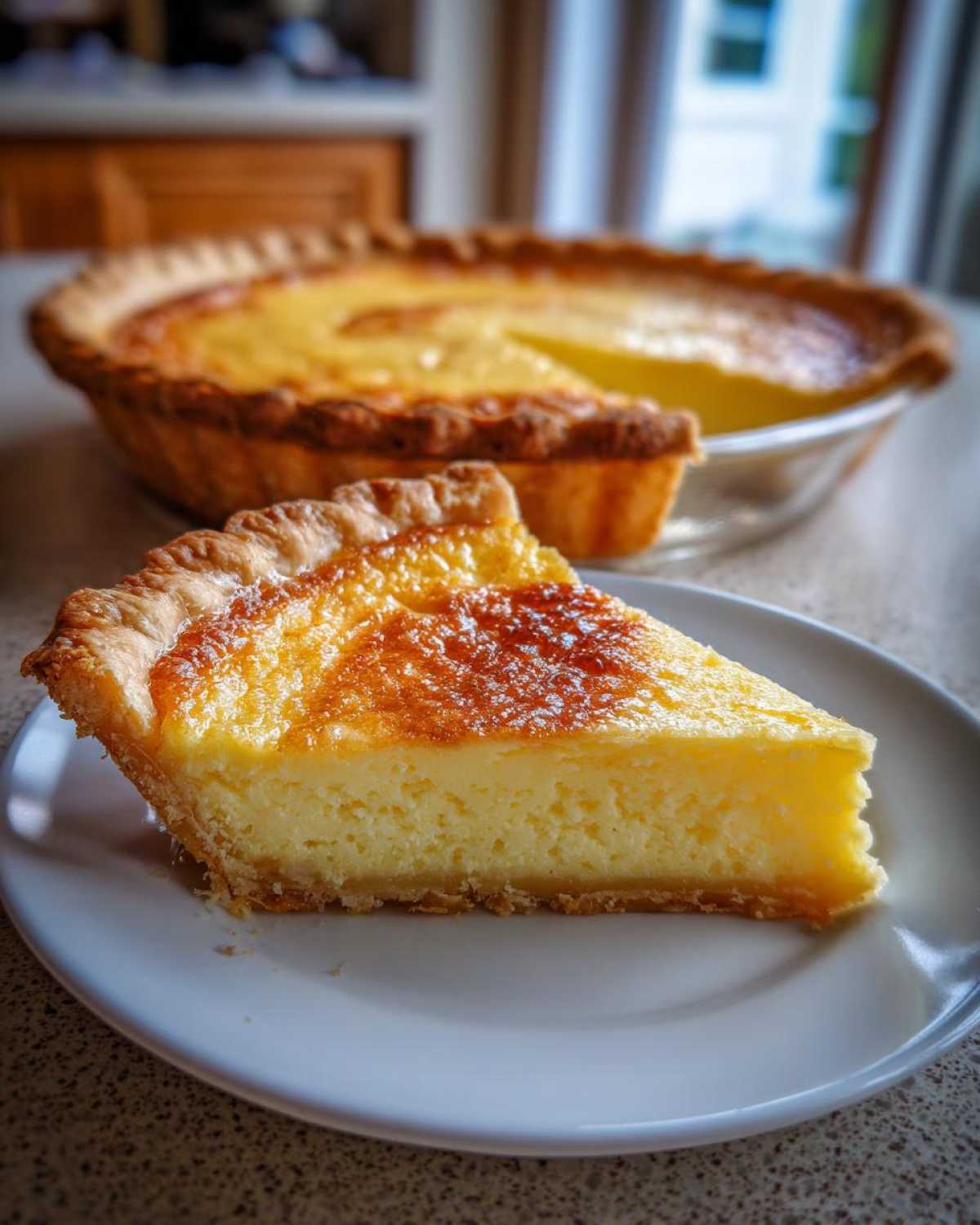 A close-up of a slice of baked egg custard pie with a golden-brown top, sitting on a white plate.