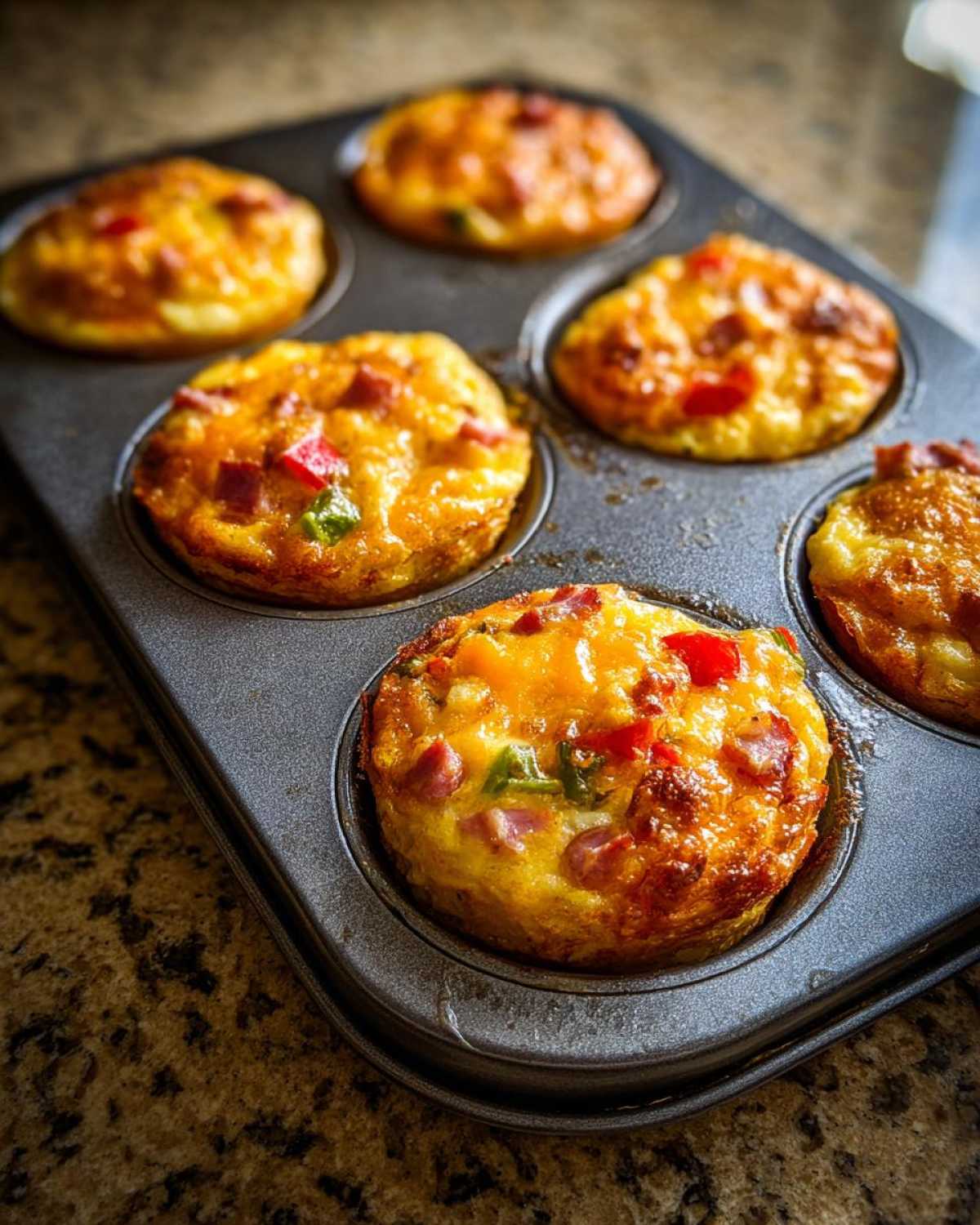 Close-up of freshly baked Egg Muffin Cups with ham and peppers in a dark muffin tin.