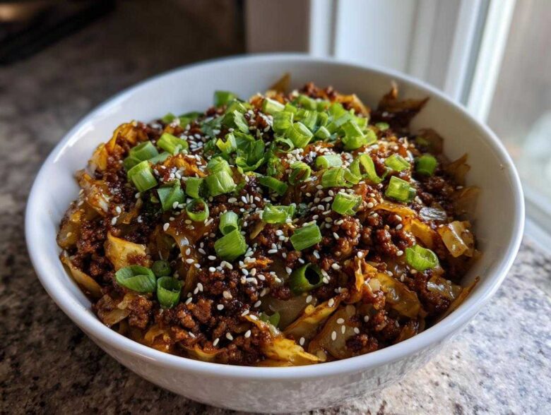 A close-up of a white bowl filled with savory egg roll in a bowl mixture, topped with green onions and sesame seeds.