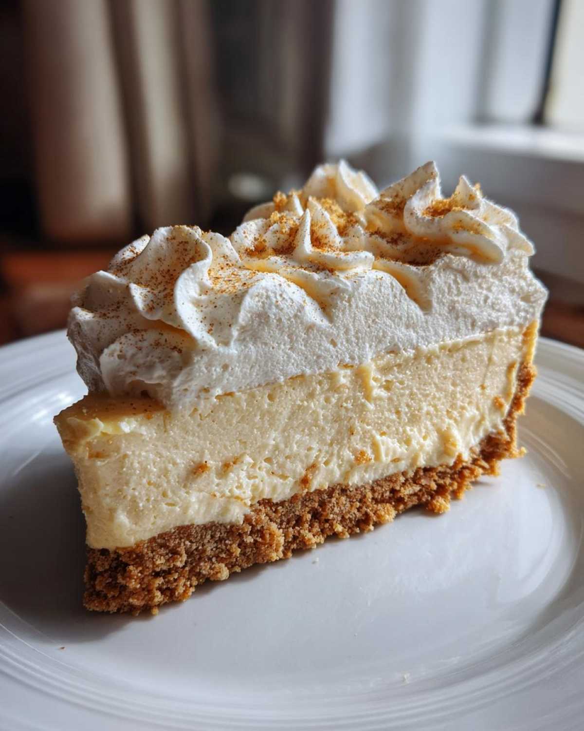 A thick slice of eggnog cheesecake with a graham cracker crust and whipped cream topping dusted with nutmeg.