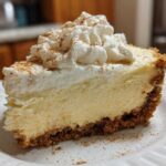 A close-up of a rich slice of eggnog cheesecake recipe topped with whipped cream and sprinkled with cinnamon.