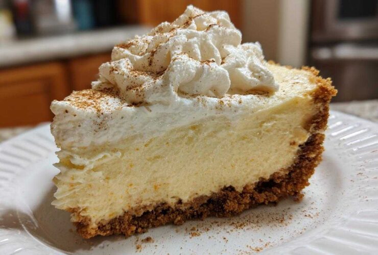 A close-up of a rich slice of eggnog cheesecake recipe topped with whipped cream and sprinkled with cinnamon.