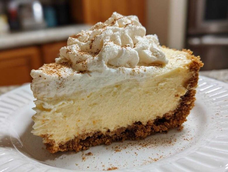 A close-up of a rich slice of eggnog cheesecake recipe topped with whipped cream and sprinkled with cinnamon.