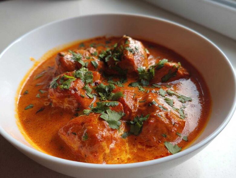Close-up of rich, orange-red butter chicken pieces garnished with fresh cilantro in a white bowl.
