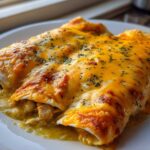 Close-up of two delicious green chile chicken enchiladas covered in melted cheddar cheese and herbs.