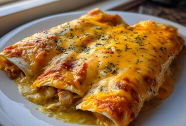 Close-up of two delicious green chile chicken enchiladas covered in melted cheddar cheese and herbs.