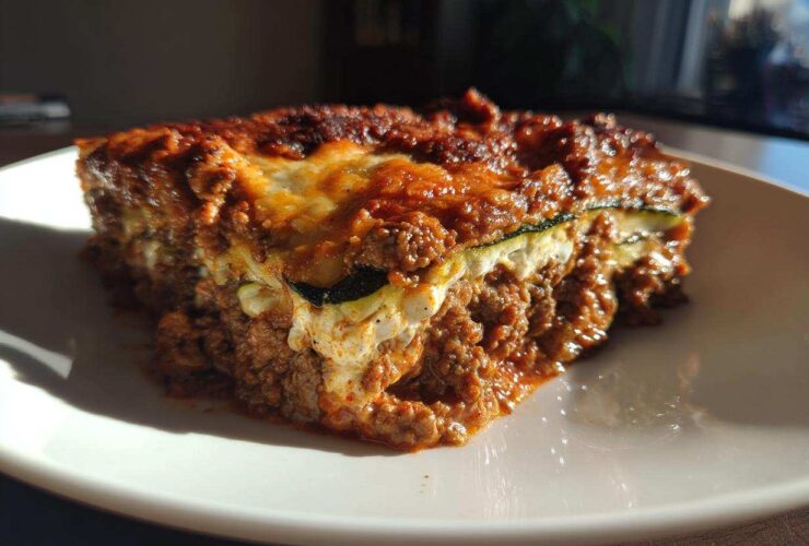 Close-up of a rich, layered slice of zucchini lasagna featuring meat sauce and melted cheese.