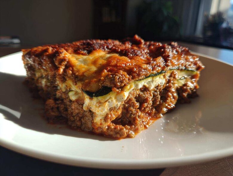 Close-up of a rich, layered slice of zucchini lasagna featuring meat sauce and melted cheese.