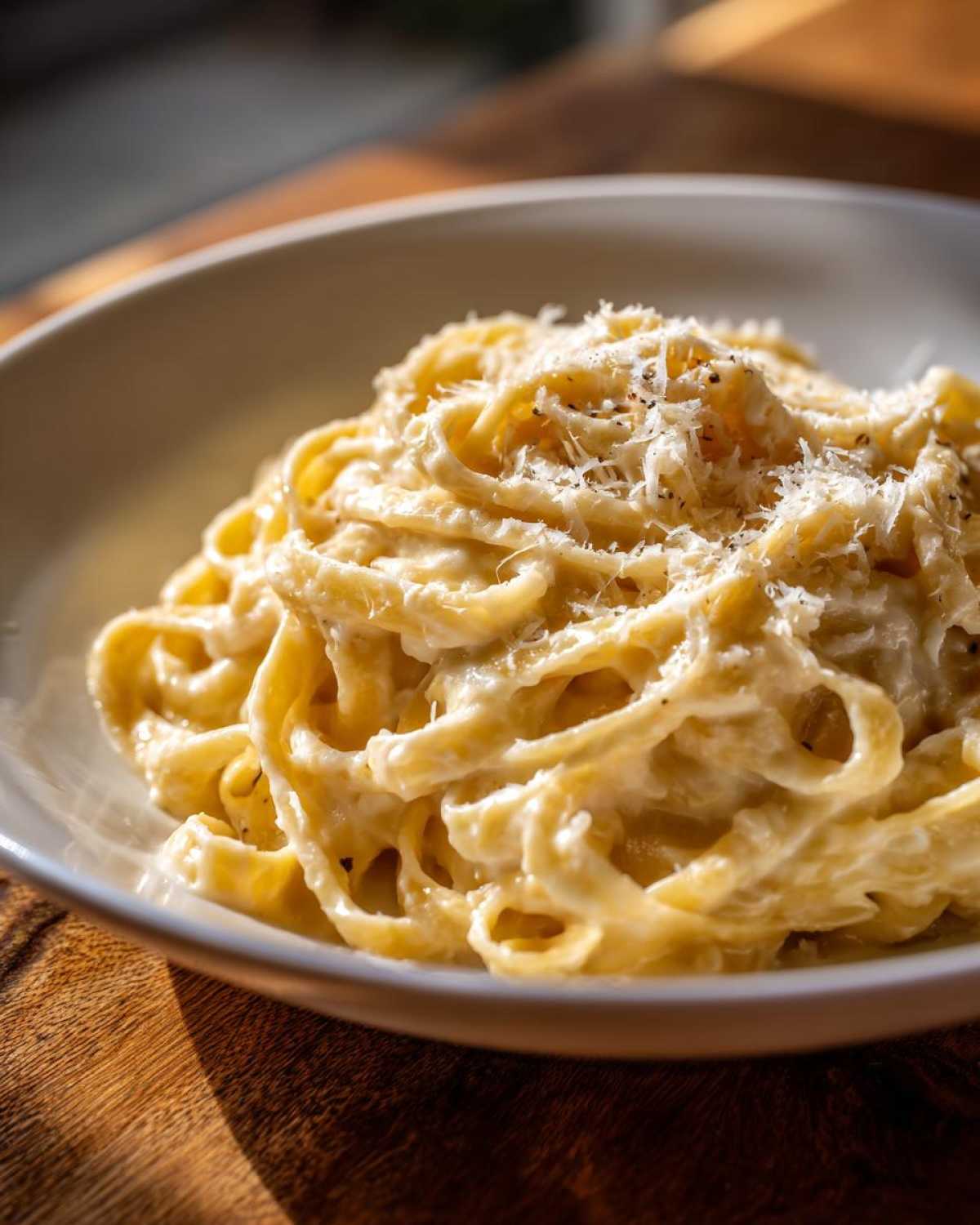 Close-up of fettuccine pasta coated in rich homemade alfredo sauce, topped with grated Parmesan cheese and pepper.