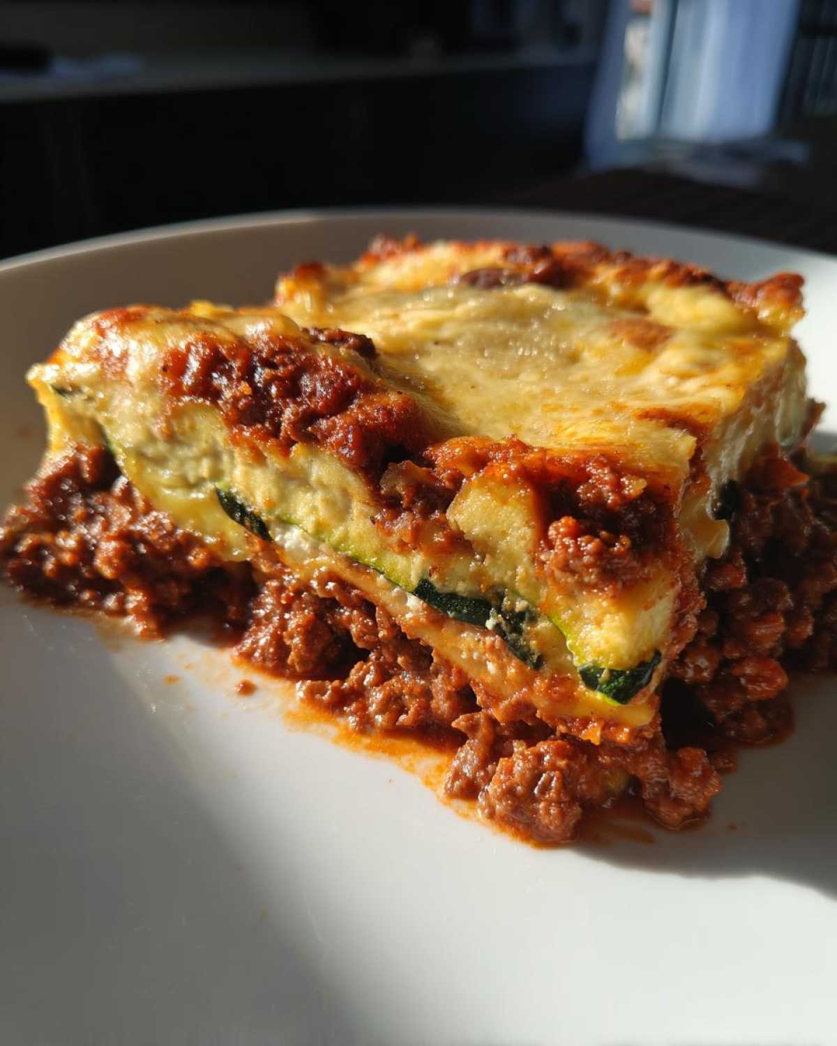 A serving of zucchini lasagna featuring firm zucchini layers, rich meat sauce, and melted cheese topping.