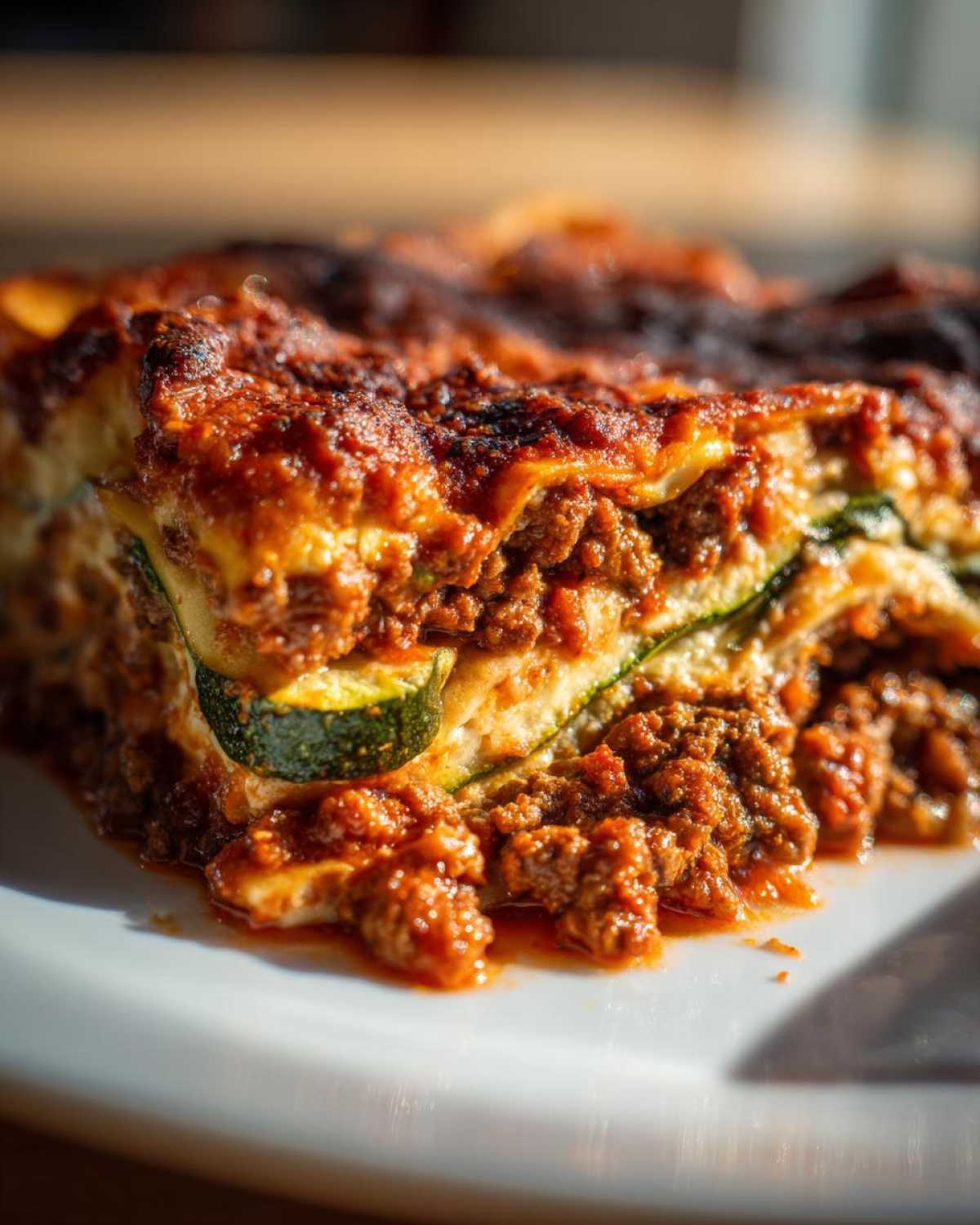 Close-up of a perfectly layered slice of zucchini lasagna showing firm zucchini slices and rich meat sauce.