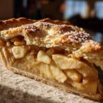Close-up of a thick slice of homemade apple pie showing flaky crust and cinnamon-spiced apple filling.
