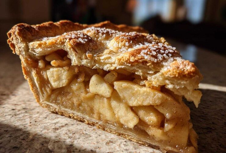 Close-up of a thick slice of homemade apple pie showing flaky crust and cinnamon-spiced apple filling.