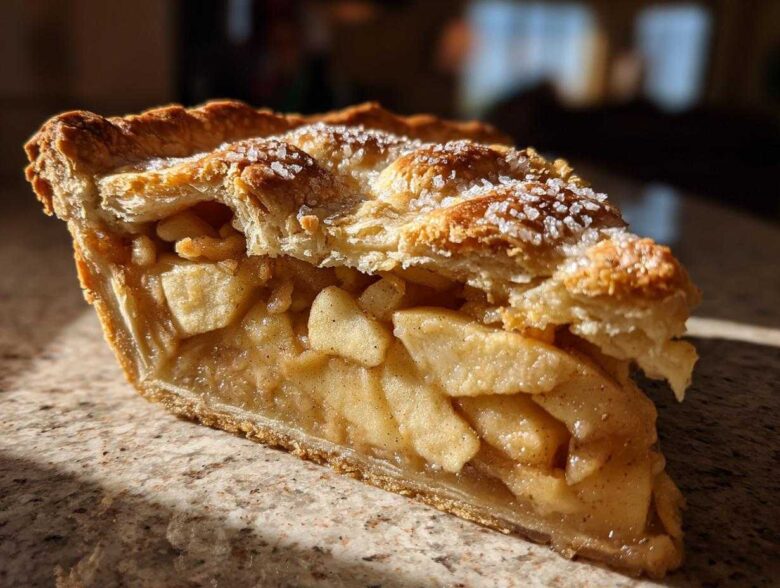 Close-up of a thick slice of homemade apple pie showing flaky crust and cinnamon-spiced apple filling.