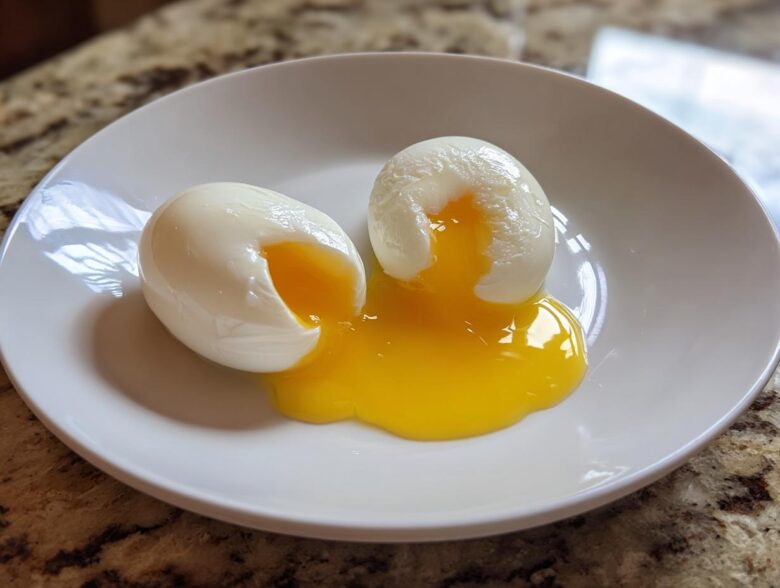 Two perfectly cooked poached eggs cut open on a white plate, showing bright yellow runny yolks spilling out.
