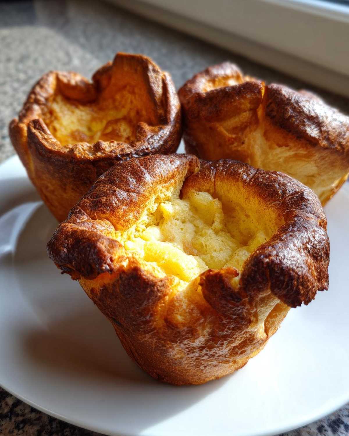 Three golden brown, beautifully risen yorkshire pudding pastries sitting on a white plate.
