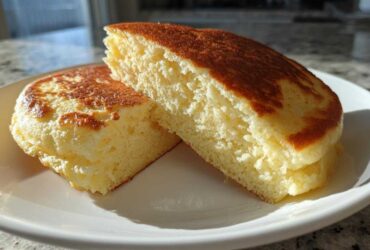 Close-up of two halves of thick, fluffy almond flour pancakes showing the light, airy interior and golden-brown tops.