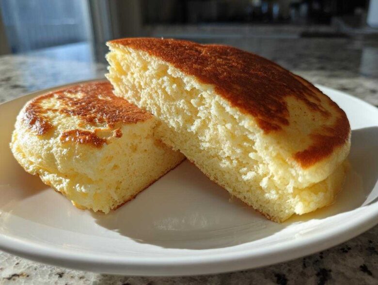 Close-up of two halves of thick, fluffy almond flour pancakes showing the light, airy interior and golden-brown tops.