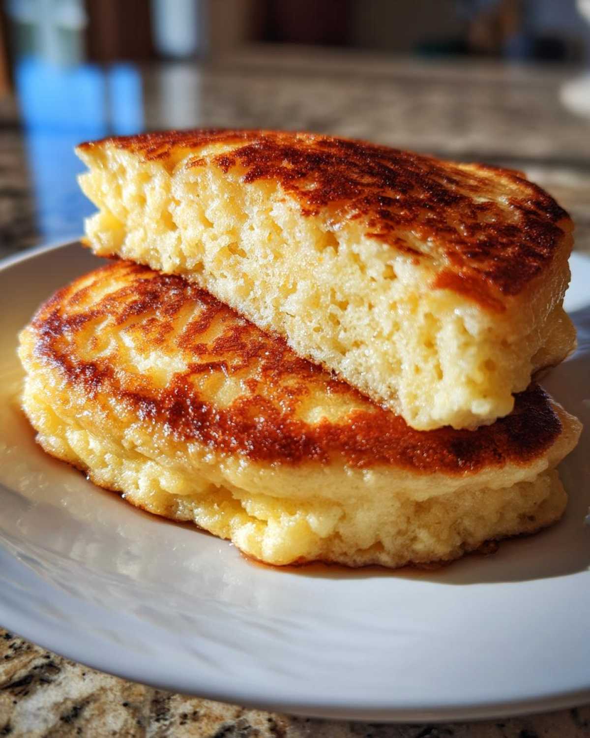 Close-up of two fluffy almond flour pancakes stacked, showing the golden-brown, perfectly cooked exterior and airy interior.
