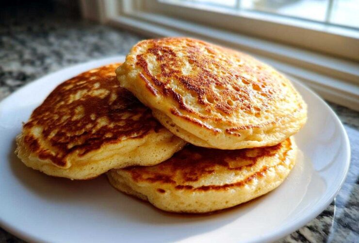 A stack of three golden brown, fluffy almond flour pancakes on a white plate near a window.