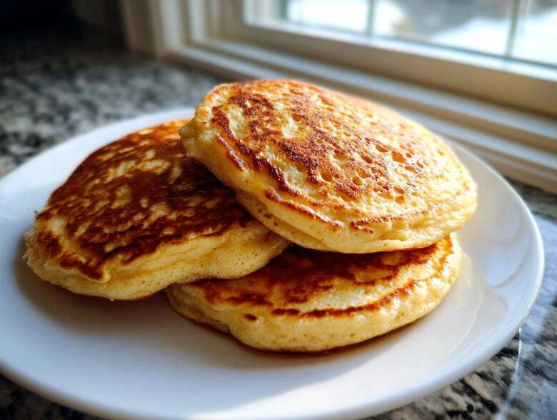 A stack of three golden brown, fluffy almond flour pancakes on a white plate near a window.