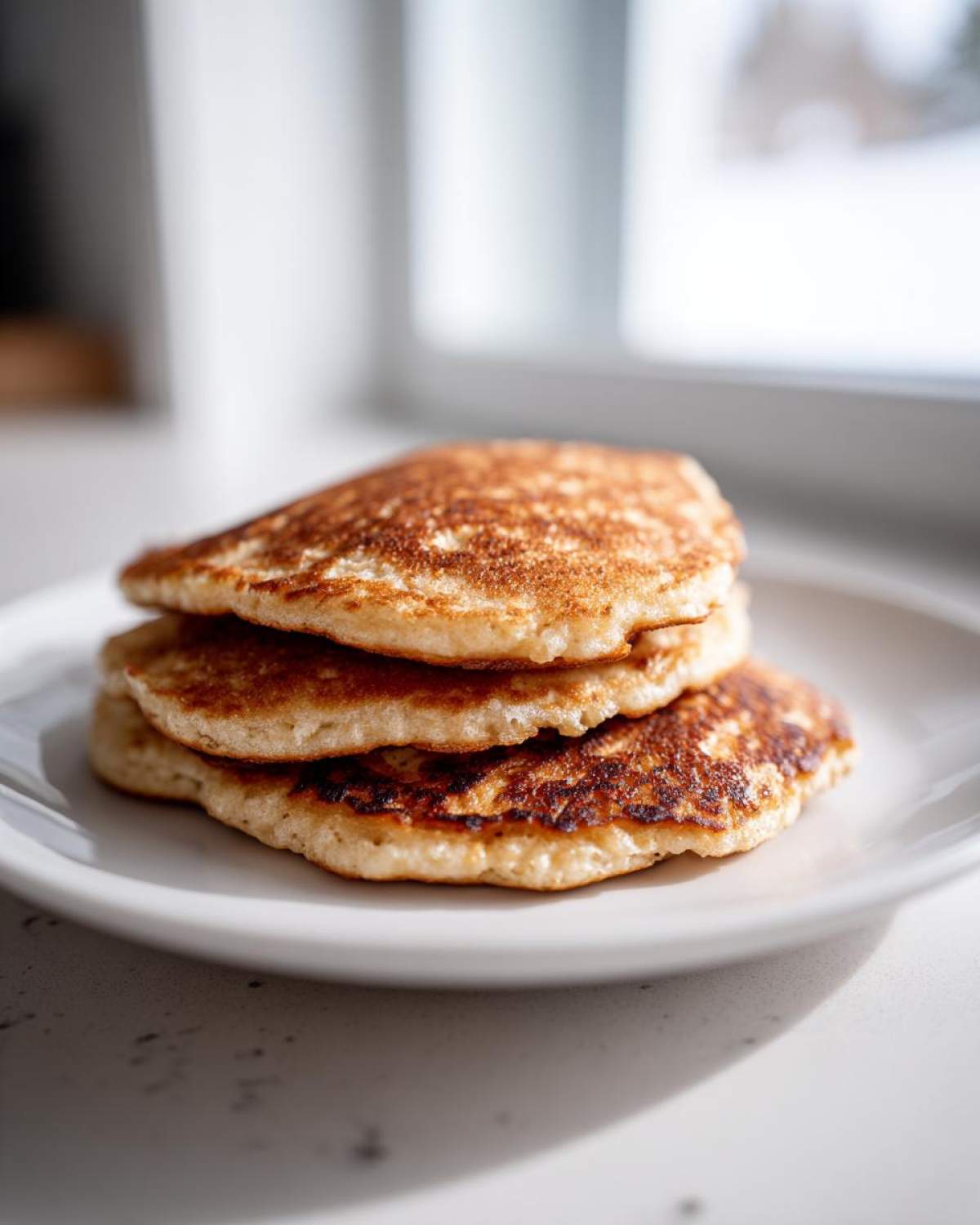 A stack of three golden-brown almond flour pancakes served on a white plate near a bright window.