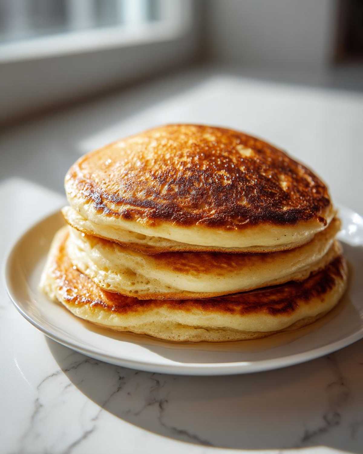 A tall stack of golden brown almond flour pancakes on a white plate, ready to eat.