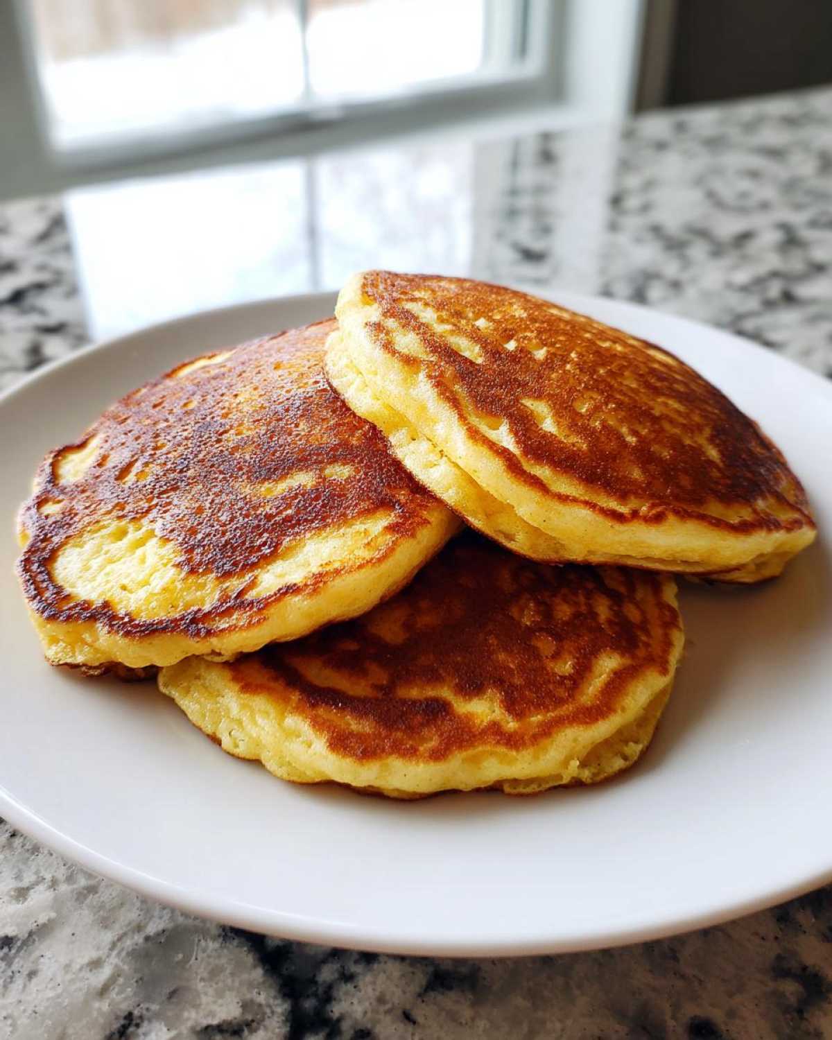 A stack of three fluffy almond flour pancakes with golden-brown edges served on a white plate.
