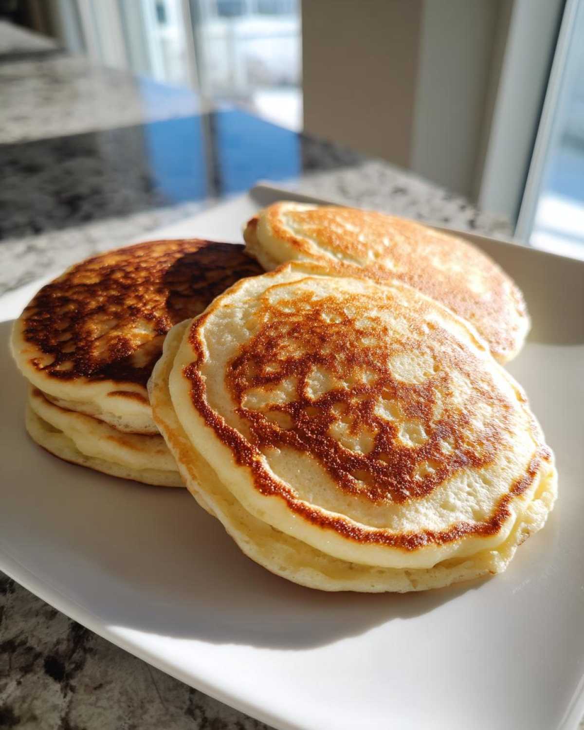 A close-up stack of three fluffy almond flour pancakes with golden-brown edges on a white plate.