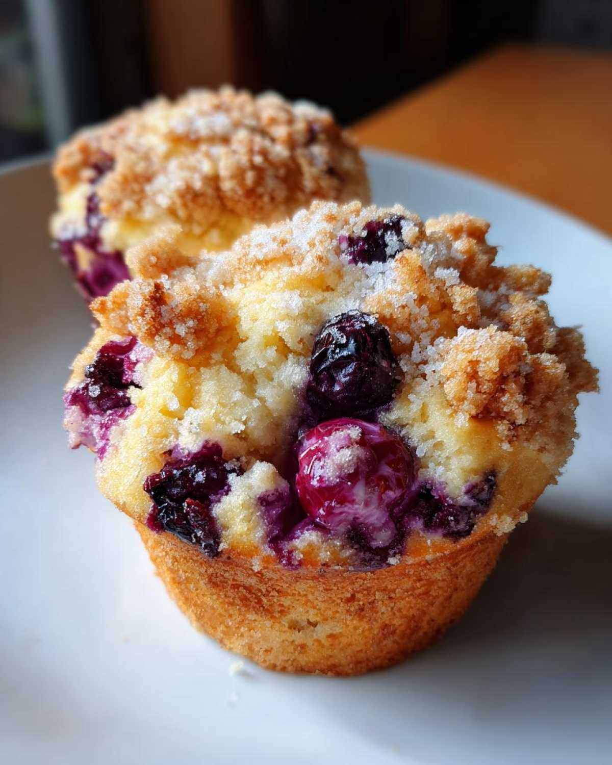 Close-up of a golden blueberry muffin topped with streusel and coarse sugar.