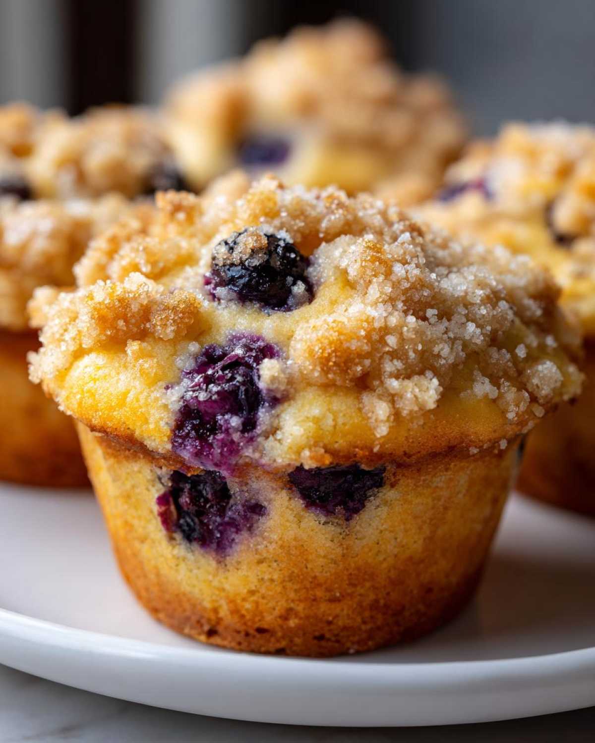 Close-up of a moist blueberry muffin topped with crunchy streusel and coarse sugar.