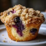 Close-up of a golden blueberry muffin with a thick, sugary streusel topping and visible bursts of purple blueberry filling.