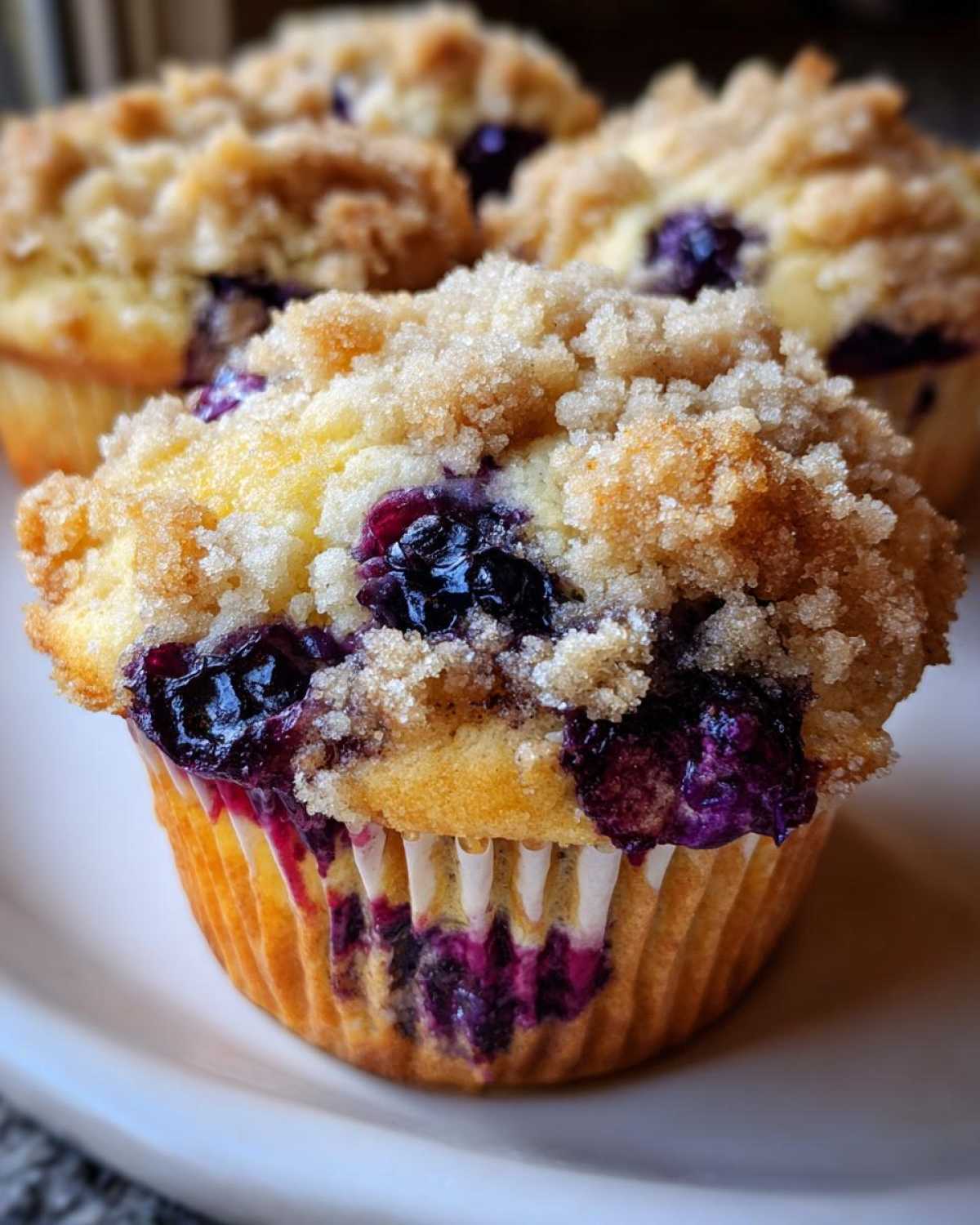 Close-up of a fluffy blueberry muffin topped with brown sugar streusel, showcasing juicy blueberries.