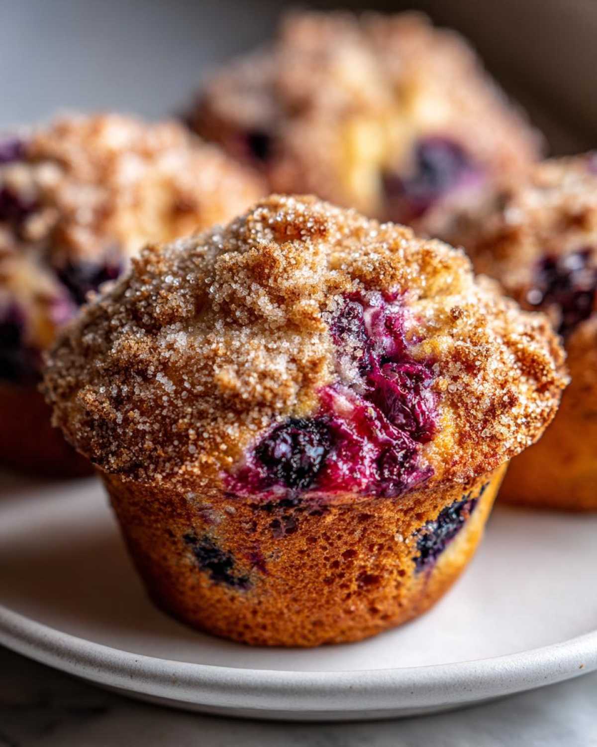 Close-up of a perfectly baked blueberry muffin topped with brown sugar streusel, showing juicy berries inside.