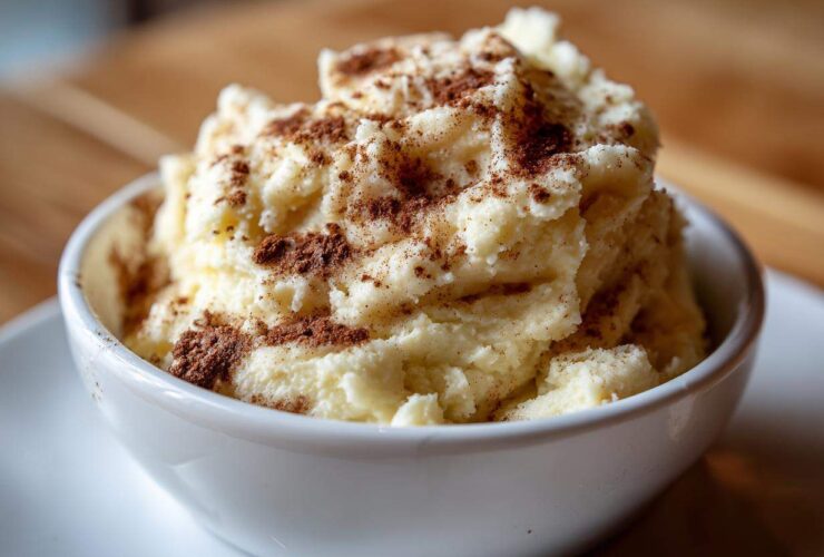 A close-up of creamy, whipped cinnamon butter generously sprinkled with ground cinnamon in a white bowl.