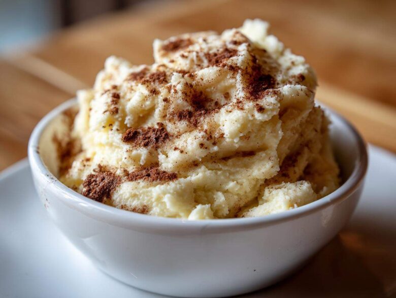 A close-up of creamy, whipped cinnamon butter generously sprinkled with ground cinnamon in a white bowl.