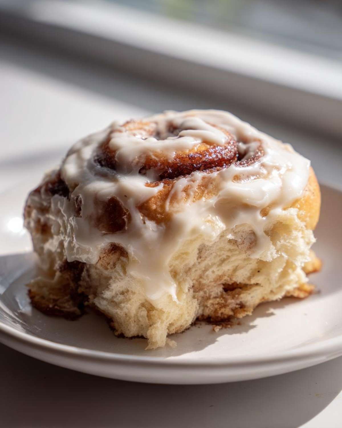 A single, fluffy cinnamon roll generously topped with white icing, sitting on a white plate.
