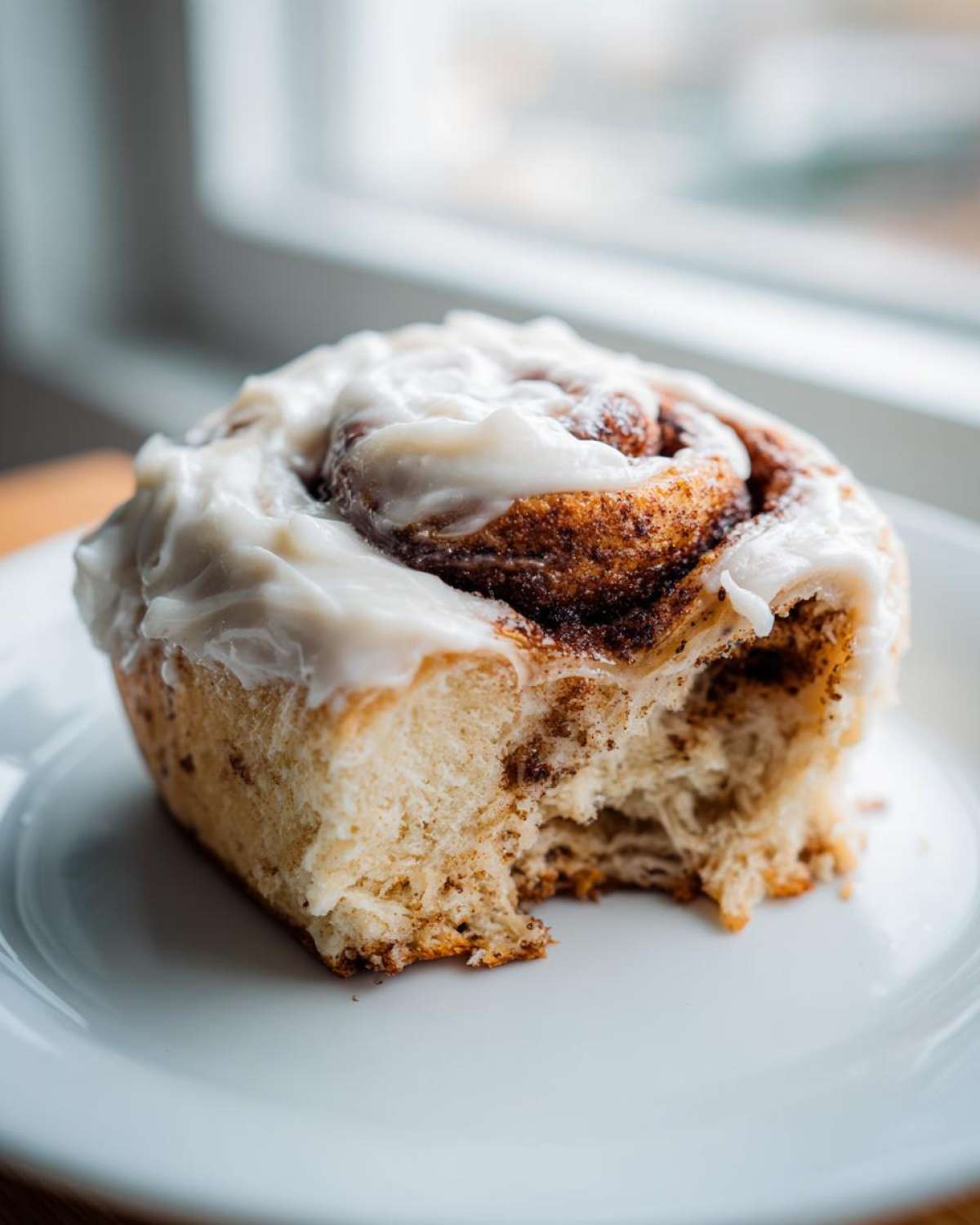 A close-up shot of a fluffy cinnamon roll with a bite taken out, topped with thick white frosting.