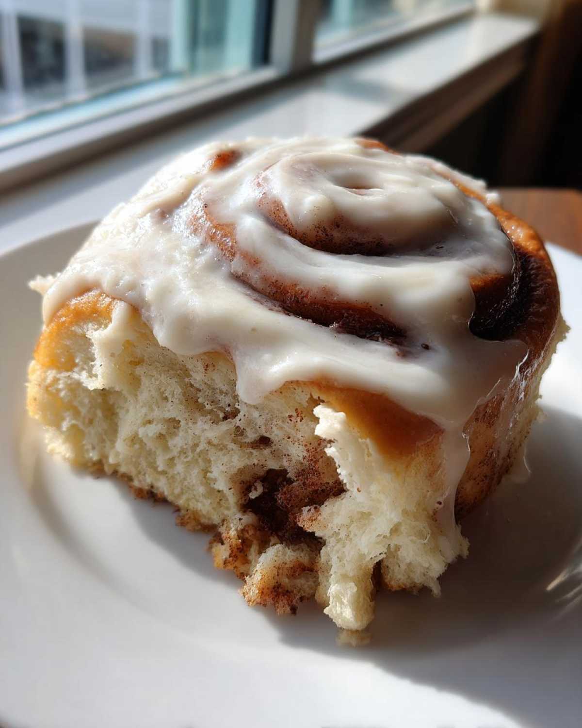 A close-up of a soft, fluffy cinnamon roll with thick white frosting, showing the interior swirl and cinnamon filling.