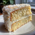 A close-up view of a moist slice of fluffy coconut cake layered with white frosting and topped with shredded coconut.