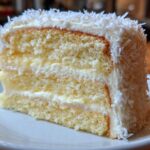 Close-up of a fluffy slice of coconut cake layered with white frosting and covered in shredded coconut.