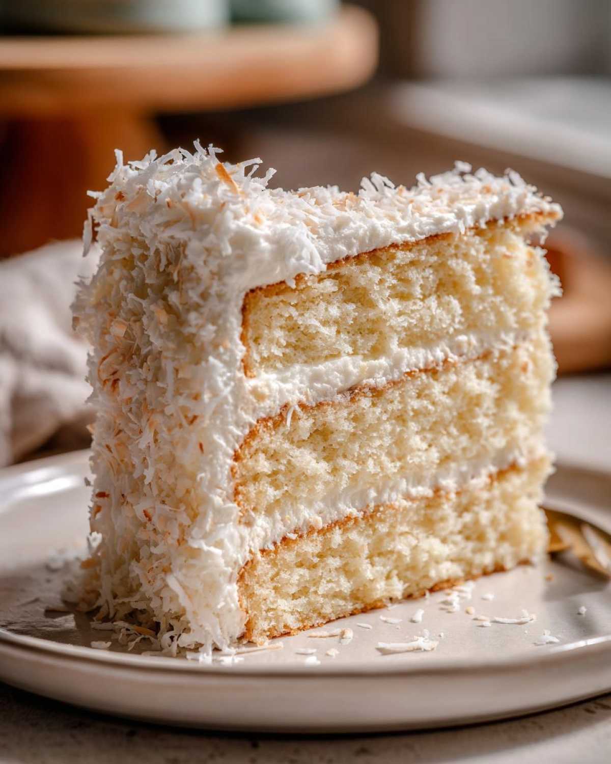 Close-up of a moist, three-layer slice of coconut cake covered in white frosting and toasted shredded coconut.