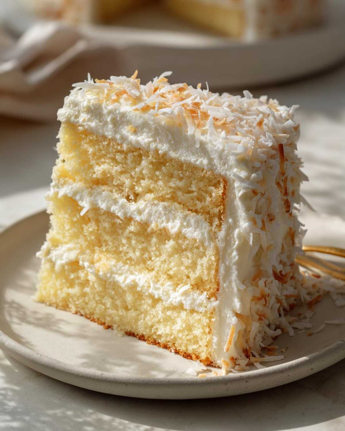 A close-up of a fluffy slice of coconut cake layered with white frosting and topped with toasted coconut flakes.