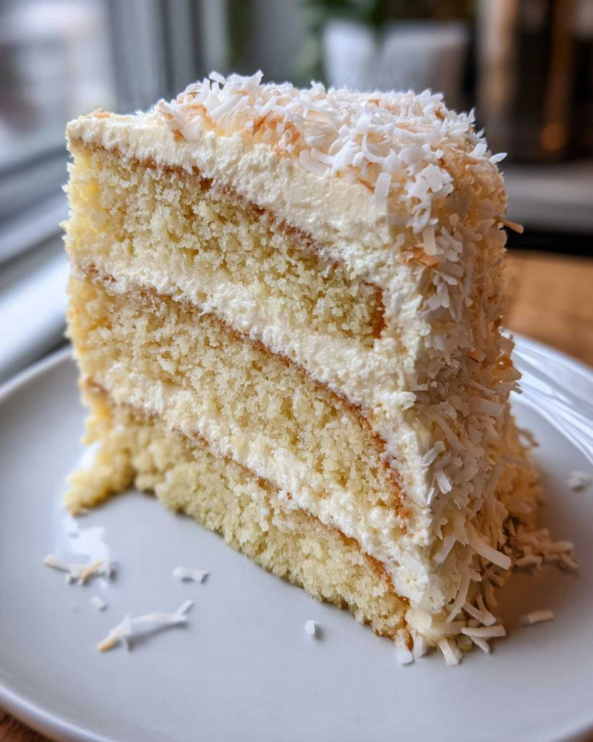 A tall, fluffy slice of layered coconut cake with white frosting and toasted coconut flakes on top.