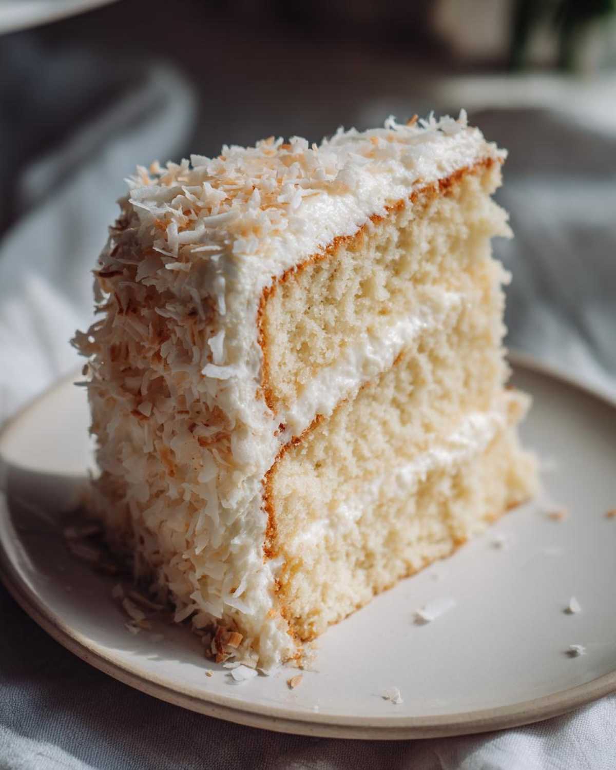 A close-up of a moist, two-layer slice of coconut cake covered in white frosting and toasted coconut flakes.