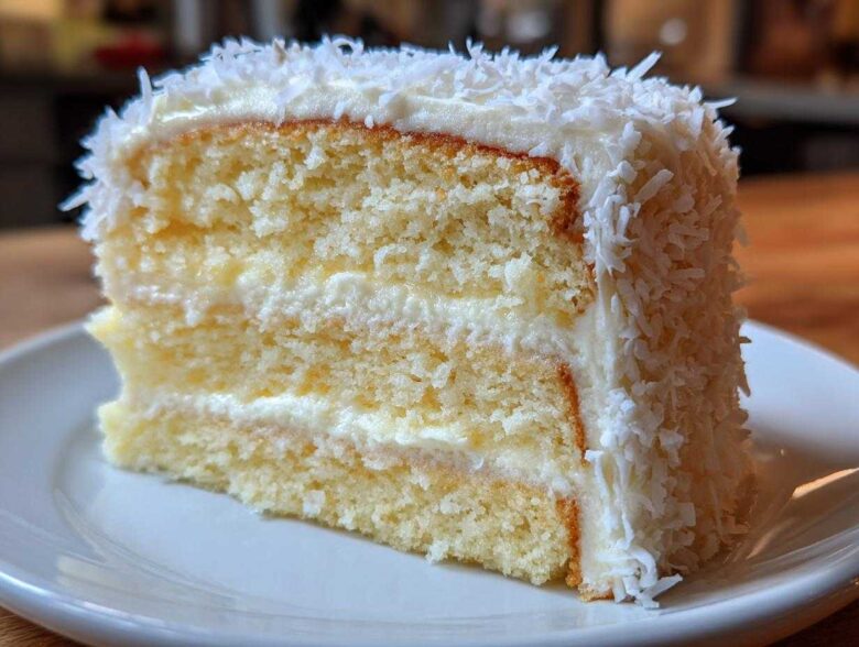 Close-up of a fluffy slice of coconut cake layered with white frosting and covered in shredded coconut.