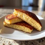 Close-up of three fluffy coconut flour pancakes, cut in half, showing the golden interior.