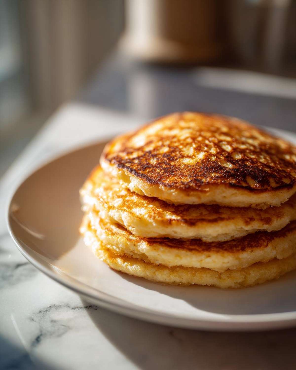 A close-up stack of four golden-brown coconut flour pancakes on a white plate.